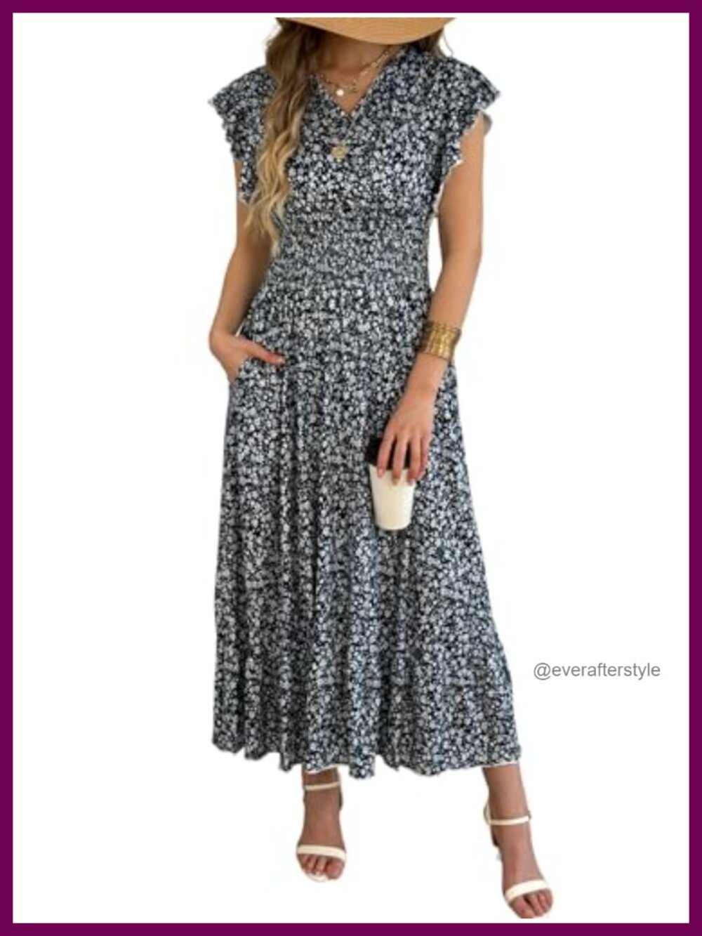Women's Floral Maxi Dress V-Neck Flutter Sleeve A-Line Casual Summer